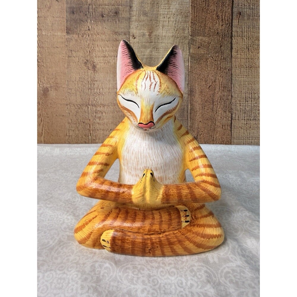 Hand Carved Wood Orange Tabby Yoga Cat Meditation Figurine Bali Folk Art Boho
